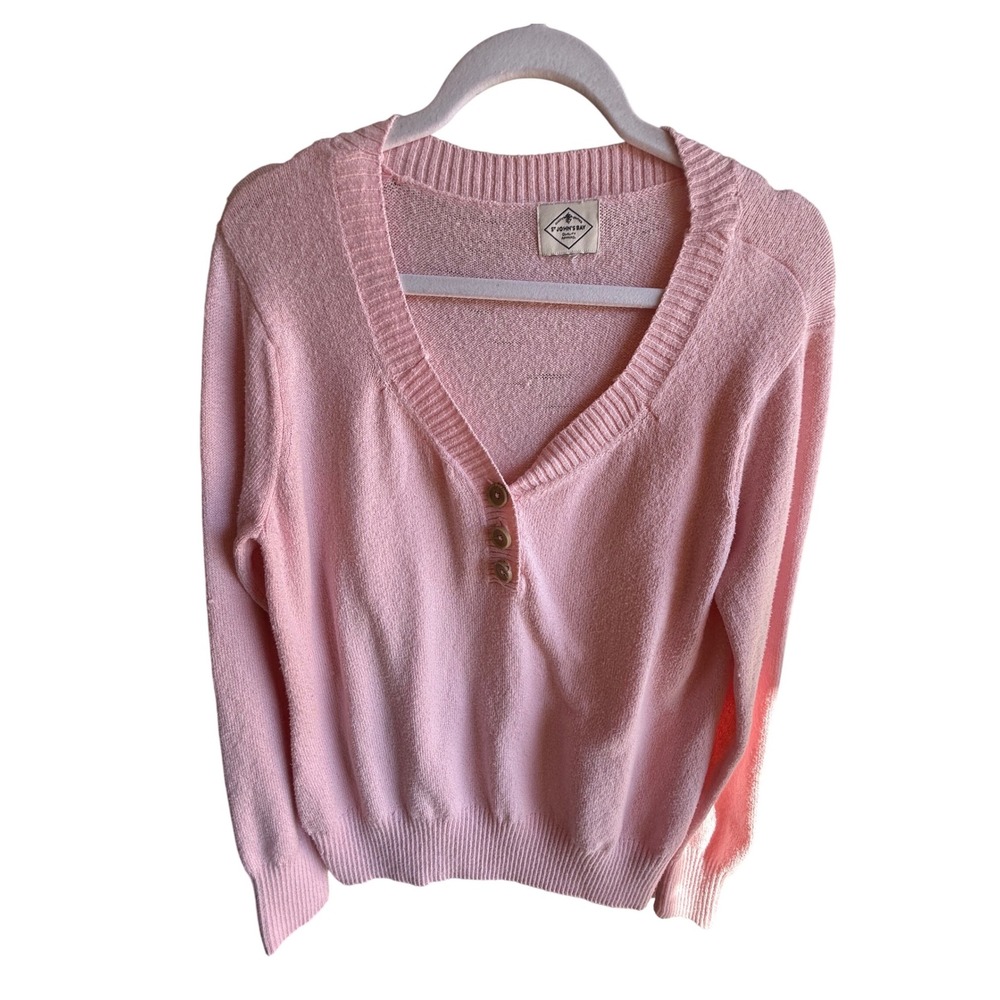 St Johns Bay Pink V Neck Henley Sweater Long Sleeve Knit Pullover Top No Tag L